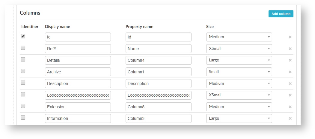 Column sizes